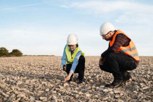 aggregate for construction, two construction workers investigating construction site